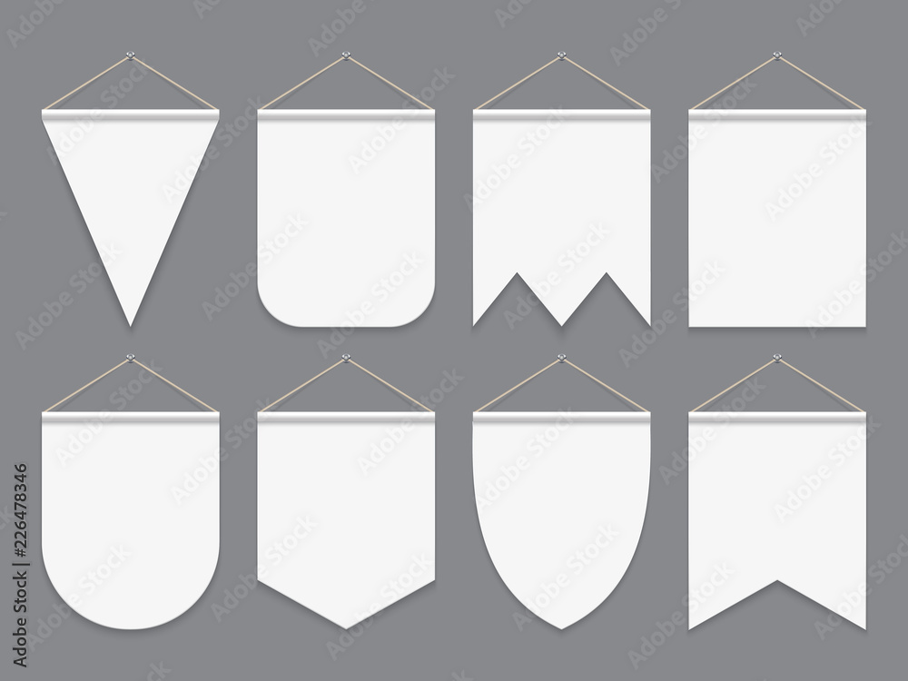 Wall mural white pennant. hanging empty fabric flags. advertising canvas outdoor banners. pennants vector mocku