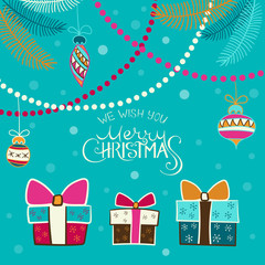 Merry Christmas greeting card with Christmas decor and gifts.