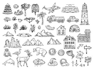 Hand drawn map elements. Sketch hill mountain, tree and bush, buildings and clouds. Vintage engraving vector symbols for cartography. Animal and pointer, sun and moon sketch, monkey bear illustration