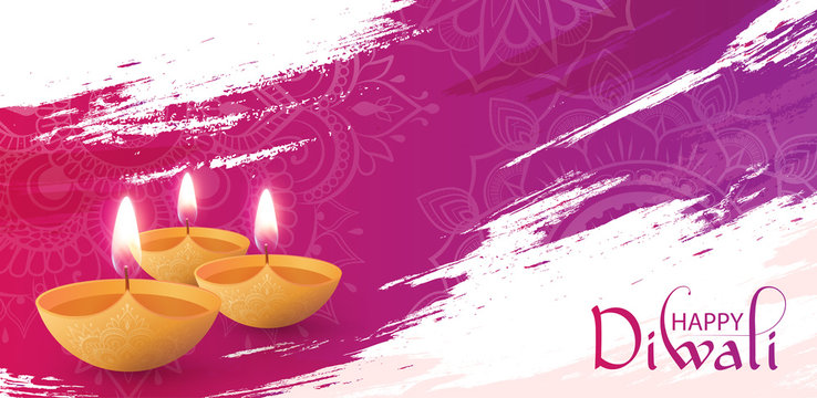 Happy Diwali poster with oil lamps and traditional ornament.