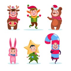 Kids wearing christmas costumes. Cartoon happy children greeting christmas. Winter holiday vector characters. Illustration of character childhood costume, funny child greeting holiday