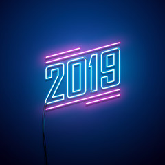 New year 2019 neon sign. Vector background.