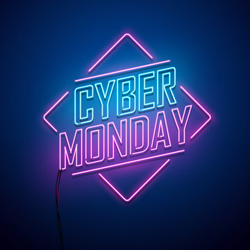 Cyber Monday background. Neon sign. Vector illustration.