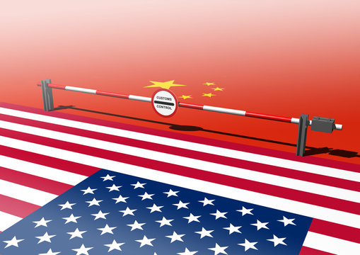 a closed customs barrier is between the american and chinese flag 