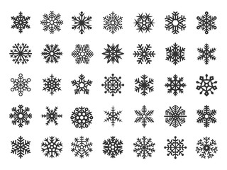 Black festive vector snowflakes set. Christmas holydays decoration elements isolated on white background. Snow winter snowflake, xmas snowy illustration