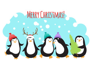 Christmas winter holidays vector greeting banner or background with cute cartoon penguins. Penguin merry xmas celebration, snowy banner illustration