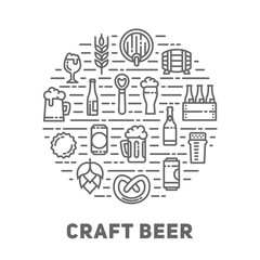 Fototapeta na wymiar Craft beer line art poster. Vector banner with linear icons of beer mugs, glasses, bottles and accessories.