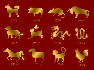 Gold chinese horoscope zodiac animals. Vector symbols of year isolated on red backdrop. Illustration of calendar astrological monkey and rooster