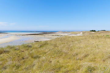 Coastal meadow sits behind the white sands of Plage Sainte-Marguerite near Landeda in Brittany.