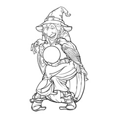 Old witch in a cone hat holding a crystal ball and foretelling the future. Funny cartoon style character. Black and white linear drawing isolated on a white background. EPS10 vector.