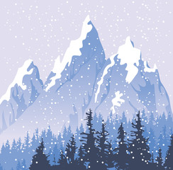 Winter snowy landscape with snowfall and tops of centuries-old fir trees on the background of snow covered mountains. Vector backdrop for winter illustration
