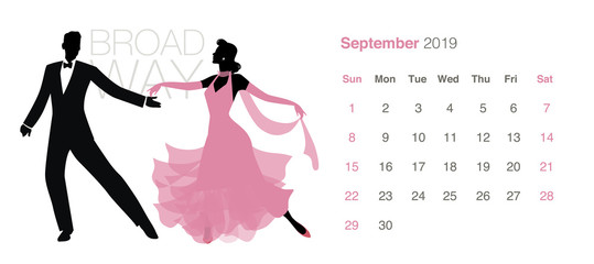 Obraz na płótnie Canvas 2019 Dance Calendar. September. Elegant couple wearing retro clothes dancing Broadway style on white background