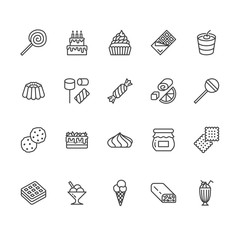 Sweet food flat line icons set. Pastry vector illustrations lollipop, chocolate bar, milkshake, cookie, birthday cake, marshmallow. Thin signs for desserts menu. Pixel perfect 64x64. Editable Strokes.