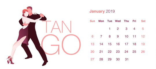 2019 Dance Calendar. January. Elegant couple dancing tango on white background. - obrazy, fototapety, plakaty