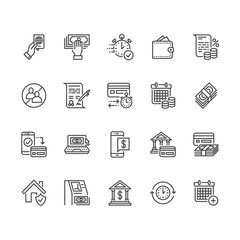 Finance, money loan flat line icons set. Quick credit approval, currency transaction, no commission, cash deposit atm vector illustrations. Thin signs for banking. Pixel perfect 64x64 Editable Strokes