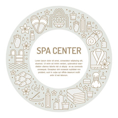 Spa center banner illustration with flat line icons. Essential oils, aromatherapy massage, turkish steam bath hamam sauna. Circle template thin linear signs body treatments.