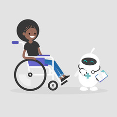 Modern health care. New technologies. Young disabled character sitting in a wheelchair. Disability. Cute white doctor robot. Flat editable vector illustration, clip art