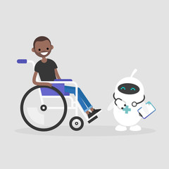 Modern health care. New technologies. Young disabled character sitting in a wheelchair. Disability. Cute white doctor robot. Flat editable vector illustration, clip art