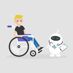 Modern health care. New technologies. Young disabled character sitting in a wheelchair. Disability. Cute white doctor robot. Flat editable vector illustration, clip art