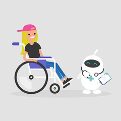 Modern health care. New technologies. Young disabled character sitting in a wheelchair. Disability. Cute white doctor robot. Flat editable vector illustration, clip art