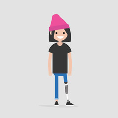 Young female character with prosthetic lower limb. Modern disabled people. Lifestyle. New technologies. Flat editable vector illustration, clip art