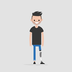 Fototapeta na wymiar Young male character with prosthetic lower limb. Modern disabled people. Lifestyle. New technologies. Flat editable vector illustration, clip art