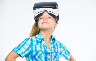 Little gamer concept. Virtual reality is fun for all ages. Kid girl with vr glasses. Child play virtual games with modern device. Explore virtual opportunity. Newest kids virtual reality games