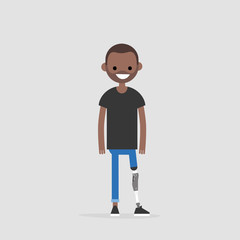 Young black character with prosthetic lower limb. Modern disabled people. Lifestyle. New technologies. Flat editable vector illustration, clip art