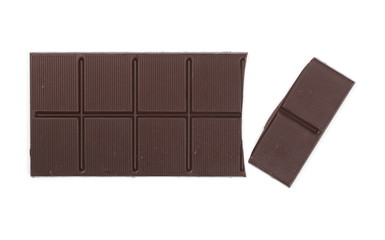 Dark chocolate with cocoa bars, pieces isolated on white background, top view