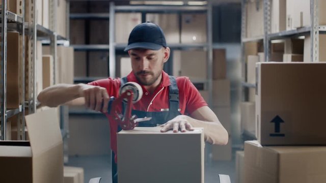 Professional Warehouse Worker Finishes Order, Sealing Cardboard Boxes Ready for Shipment. In the Background Person Working in the Rows of Shelves with Cardboard Boxes with Ready Orders. 
