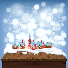Fototapeta premium Merry Christmas greeting card, old table covered with snow, the village, beautiful design, background winter, vector illustration