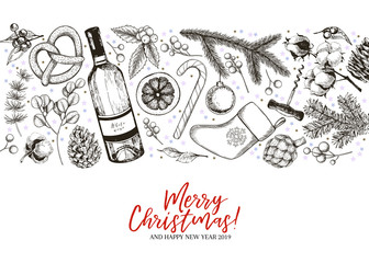 Hand drawn Christmas greeting banner. Vector pine branch, fir, eucalyptus, holly, cotton, candies, wine bottle. Xmas and New Year greeting card. Winter seasonal greetings, party celebration. Flyer
