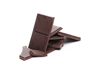Dark chocolate with cocoa bars, pieces isolated on white background