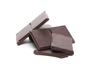 Dark chocolate with cocoa bars, pieces isolated on white background