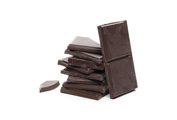 Dark chocolate with cocoa bars, pieces isolated on white background