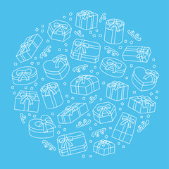 Gift box icon kids hand drawing set pattern background circle shape illustration blue color isolated on blue background, vector eps 10