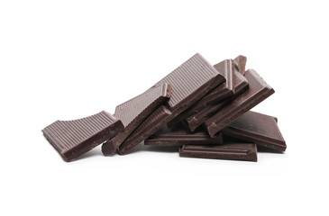Dark chocolate with cocoa bars, pieces isolated on white background