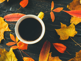 Naklejka na ściany i meble Coffee mug surrounded by autumn colorful leaves on a dark background