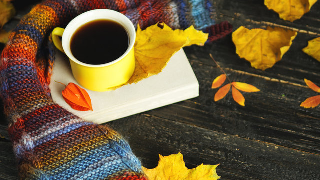 Autumn comfort. Mug of hot coffee with a colorful scarf with colorful autumn leaves on wooden background copy space