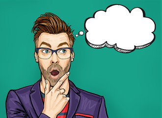 Thinking Man with open mouth looking up on empty bubble. Advertising poster of  guy in  Pop Art style. Wow men is shocked and holding hand near the face © lucky1984