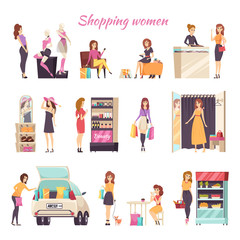 Shopping Women in Different Stores Color Card