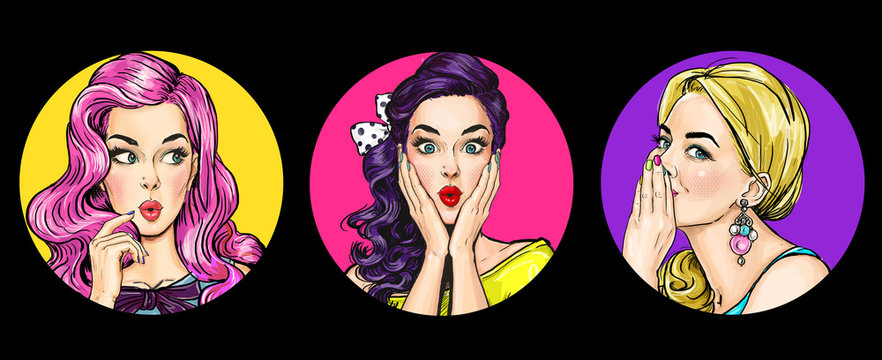 Fototapeta Set of amazed women in pop art style.Gossip girls with wow face. Advertising poster of sale or discount with sexy club girls.