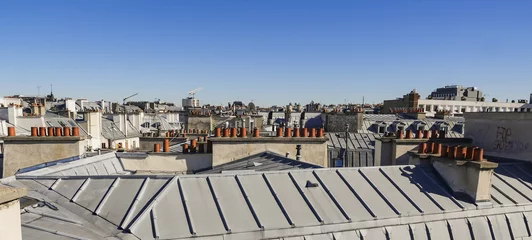 Fotobehang The roofs of Paris and its chimneys under a clouds sky © FreeProd