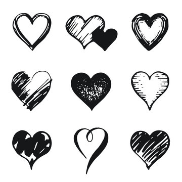 Hearts icon set, hand drawn doodle sketch style. Outline and shape handdrawn illustrations by brush, pen, pencil, ink. Vector drawing for Valentine s day logo,design,card and more. Cute retro style