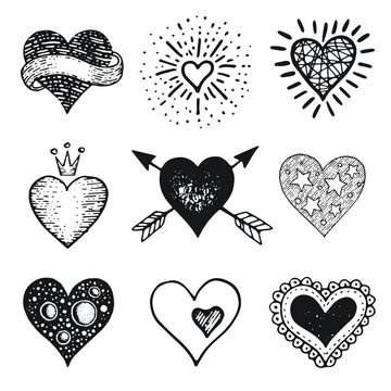 Heart set, hand drawn doodle sketch style. Handdrawn illustrations by brush, pen, ink. Cute crown, arrow, stars symbols. Vector drawing for Valentine s day design, logo, card and more.