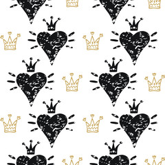 Seamless heart and crown pattern, hand drawn sketch, vector illustration. Romantic love background, doodle style. Black ink with golden symbol set Isolated on white. For textile print, wrapping paper