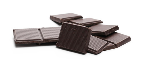 Dark chocolate with cocoa bars, pieces isolated on white background