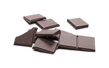Dark chocolate with cocoa bars, pieces isolated on white background