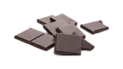 Dark chocolate with cocoa bars, pieces isolated on white background
