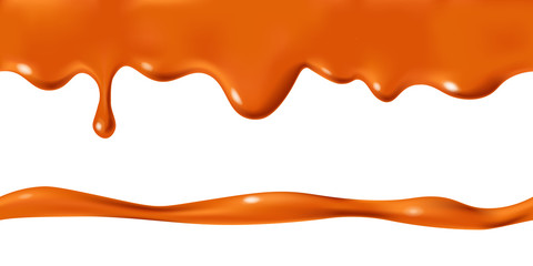Seamless dripping caramel drops of sweet sauce isolated on white background. Orange or brown paint stains design. Vector illustration. Realistic horizontal border - obrazy, fototapety, plakaty